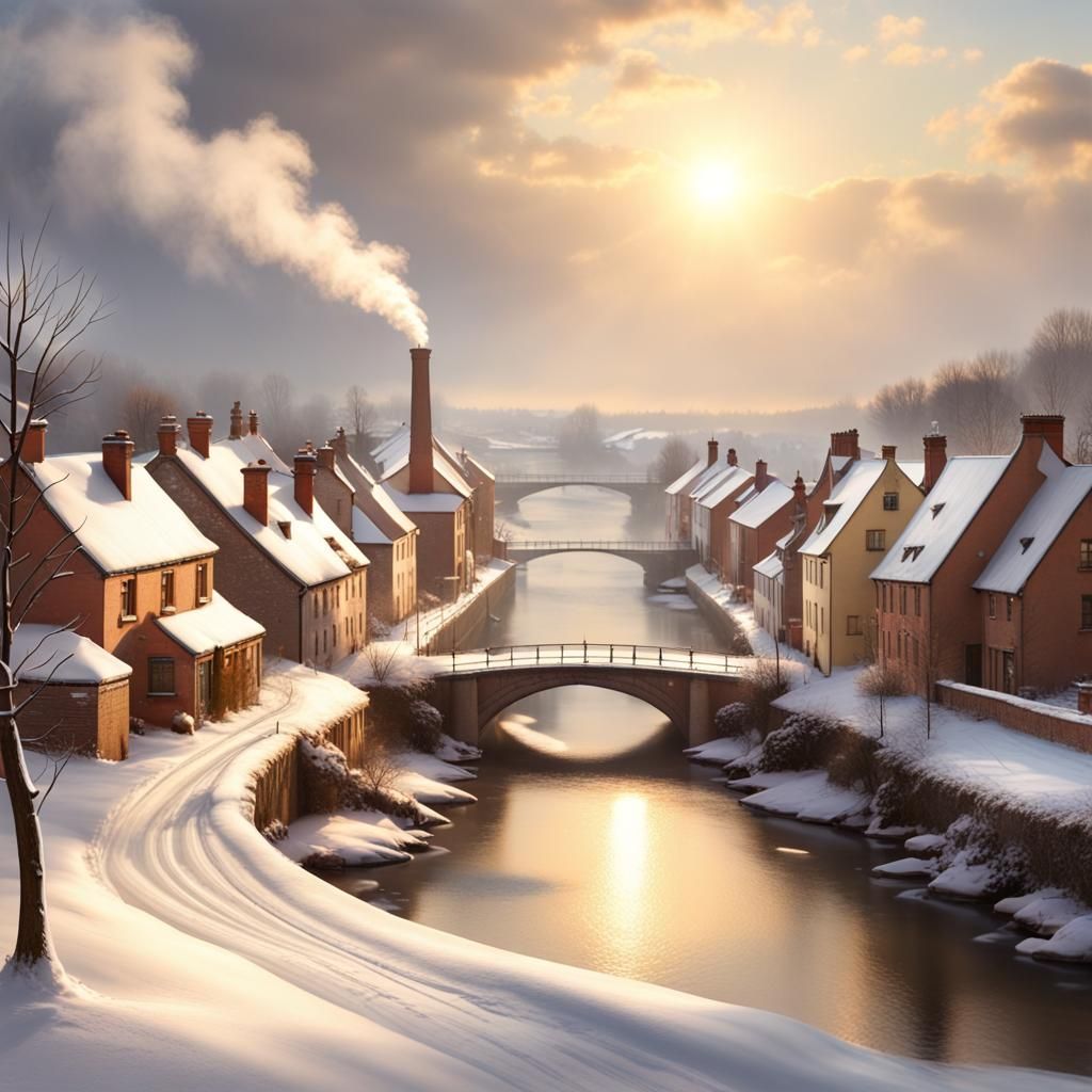 Snowy Riverside Town with Bridge in Soft Light