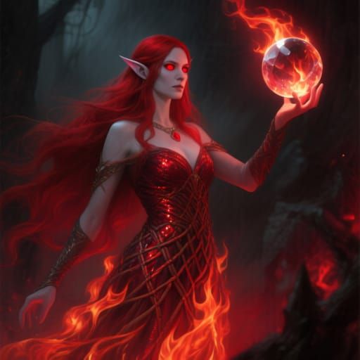 Enchanting Fire Sorceress in Dark Fantasy Style