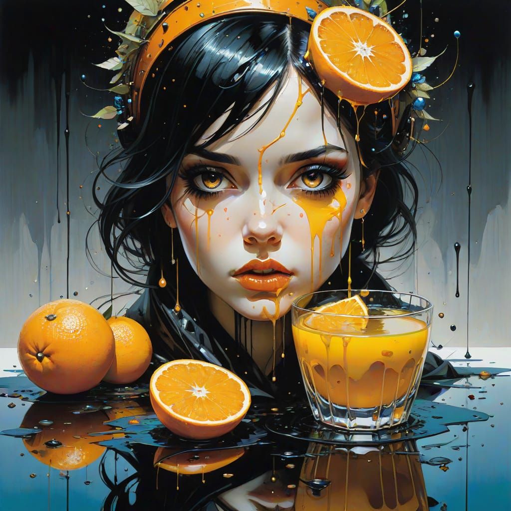 Overflowing Orange Juice Glass: Detailed Digital Collage