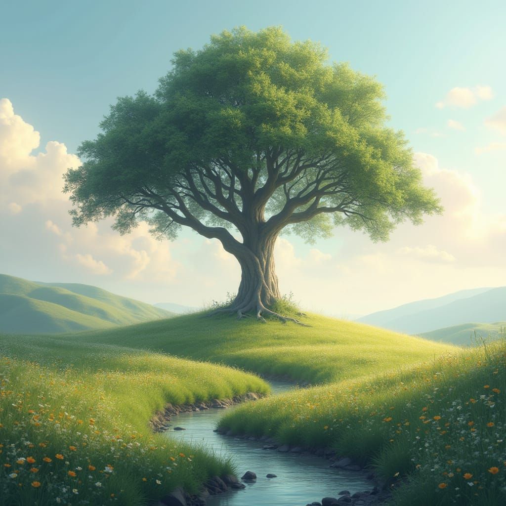Ancient Tree on Hill with Pastel Clouds and Glowing Flowers