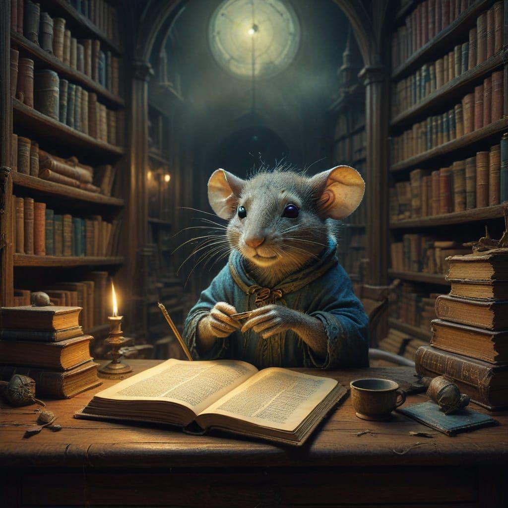Cozy Library Rat in Whimsical Watercolor Style