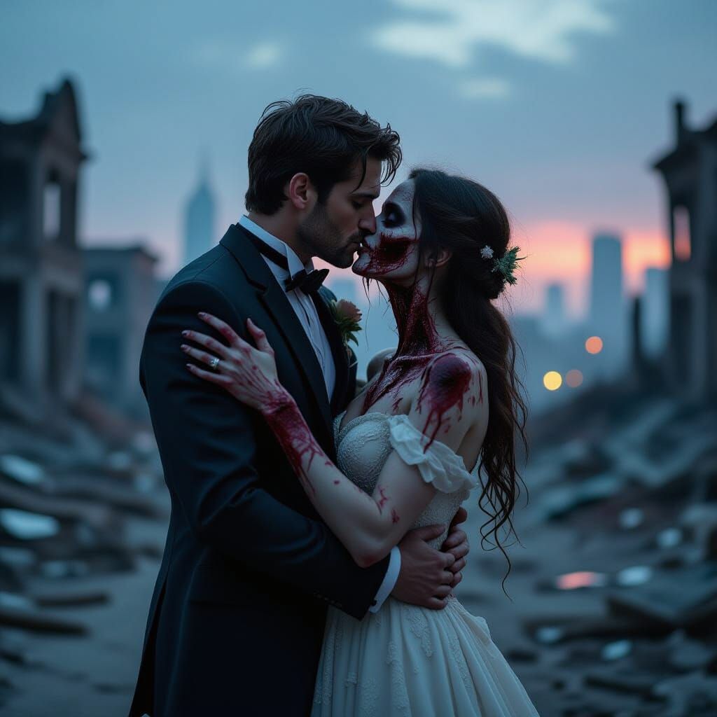 Romantic Zombie Kiss in Ruined City