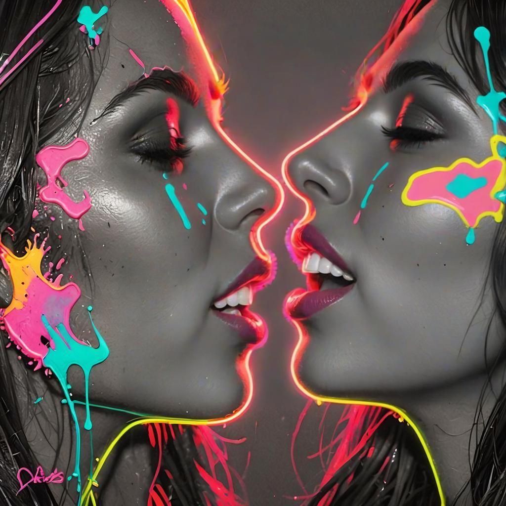 Neon Splash Art of Two Girls Kissing