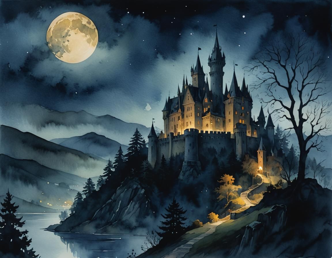 Eerie Haunted Castle Watercolor Painting at Night