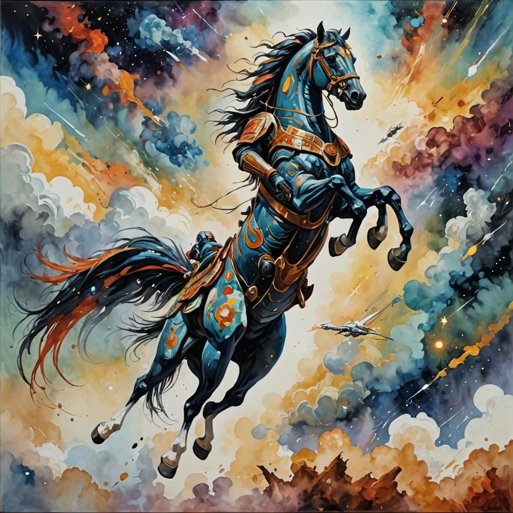 Divine Horse Flies to Shuttle in Gouache Style