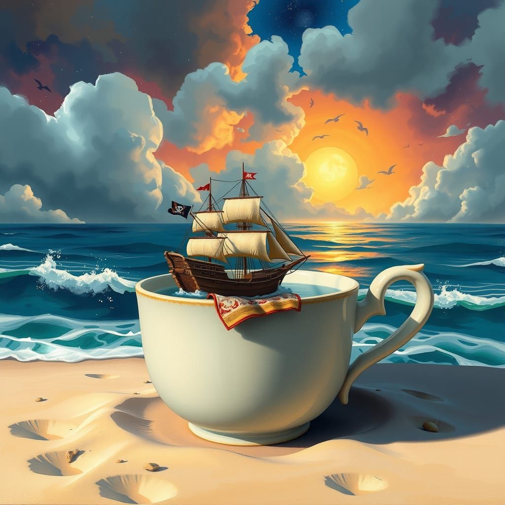 Pirate Ship Voyage in Ceramic Cup, Hyperrealistic Art