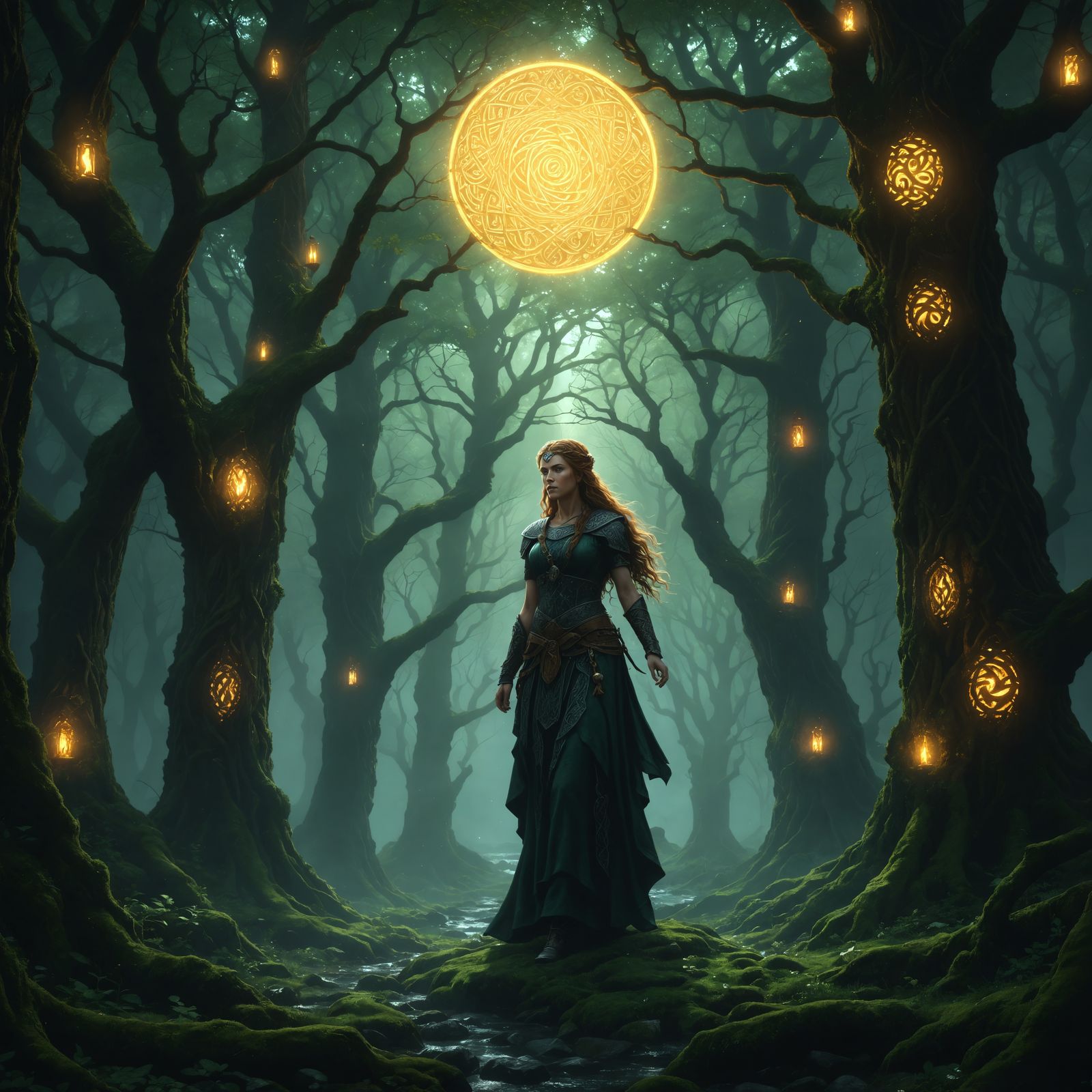 A mystical druidess stands amidst a primordial Celtic forest, surrounded by ancient trees adorned with glowing runes.