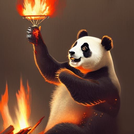 Panda with Flaming Electricity Powers, Dark Fantasy Art