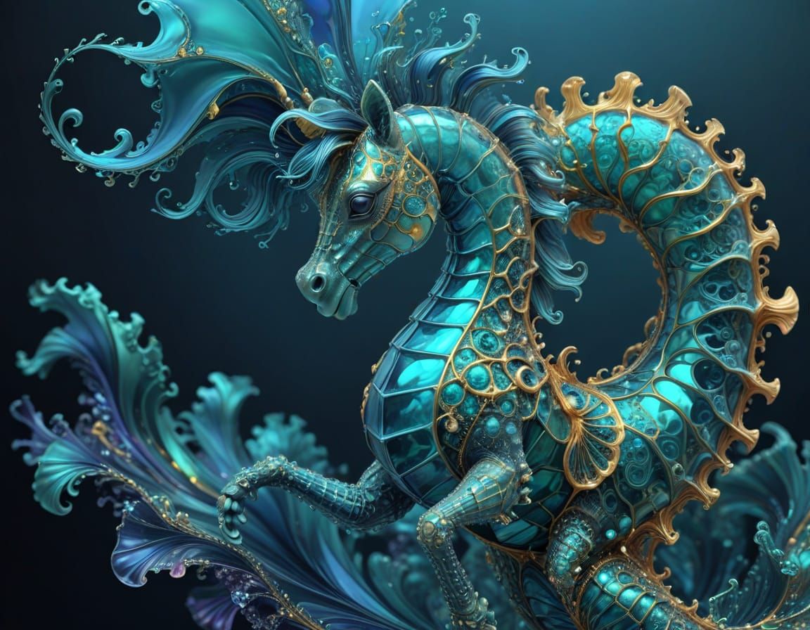 Woman Riding Seahorse in Goldenpunk Style