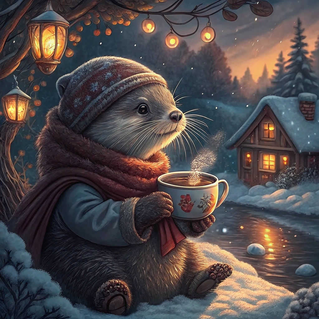 Baby Otter in Winter Clothes Drinking Hot Chocolate