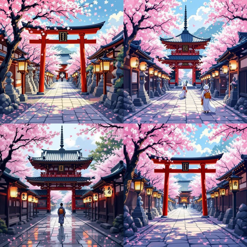 Shinto Temple Amidst Cherry Blossoms and Fox Spirits