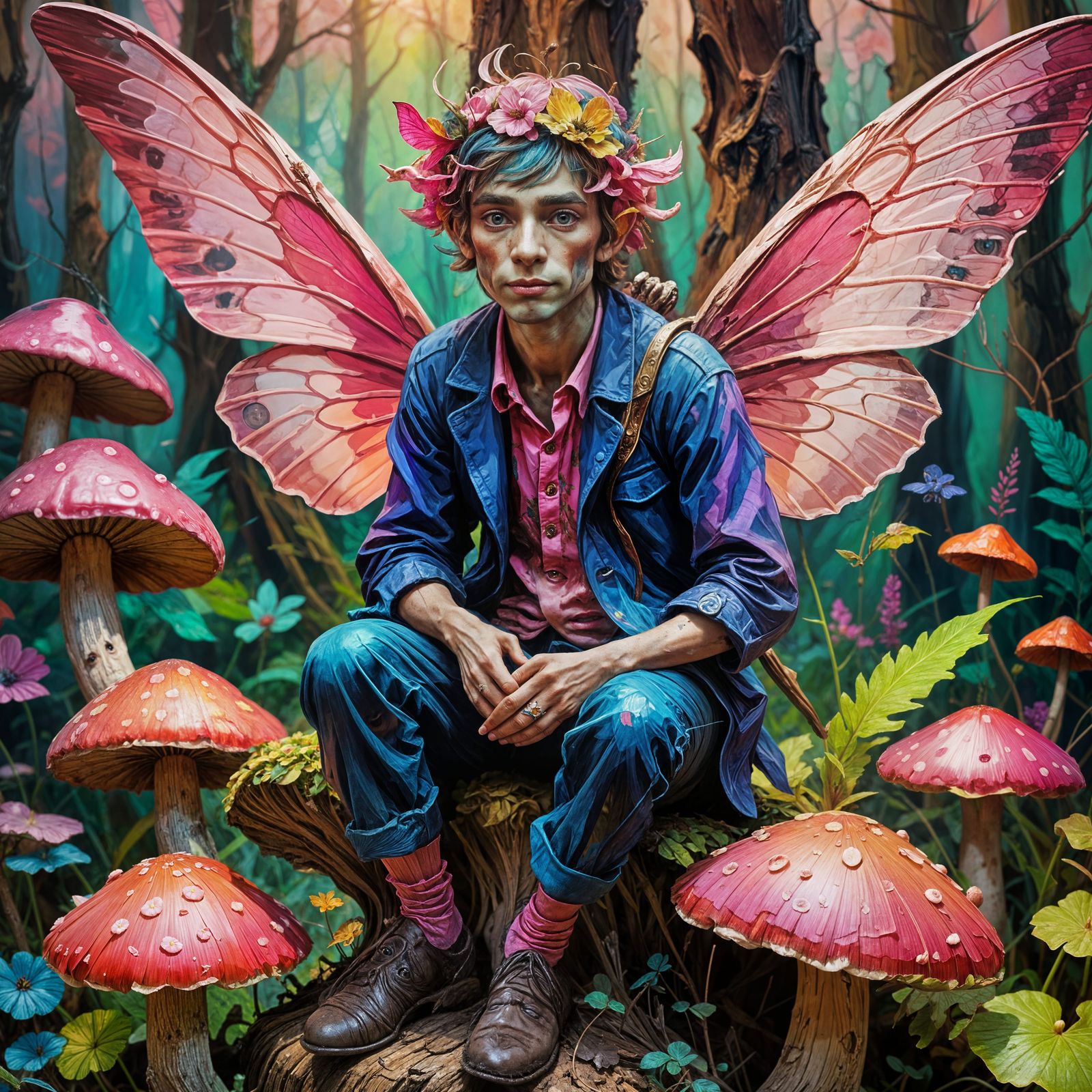 Fauvist Ugly Fairy on Mushroom with Pink Wings