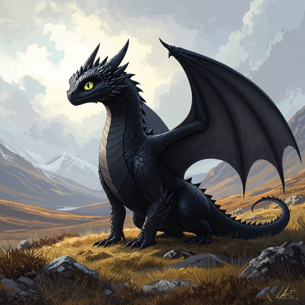 Toothless the Dragon in Dreamy Highland Landscape