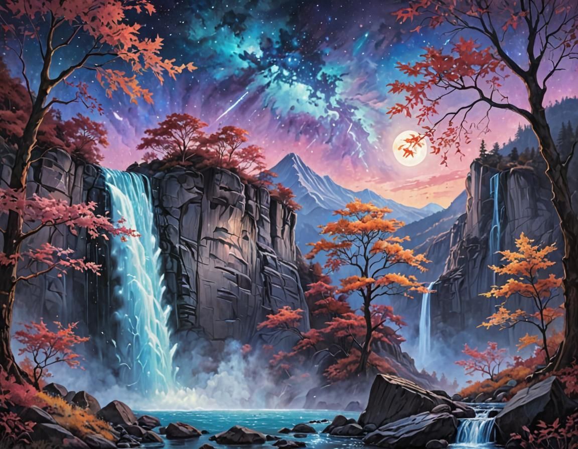 Pastel Painting of Nebula Sky and Moonrise