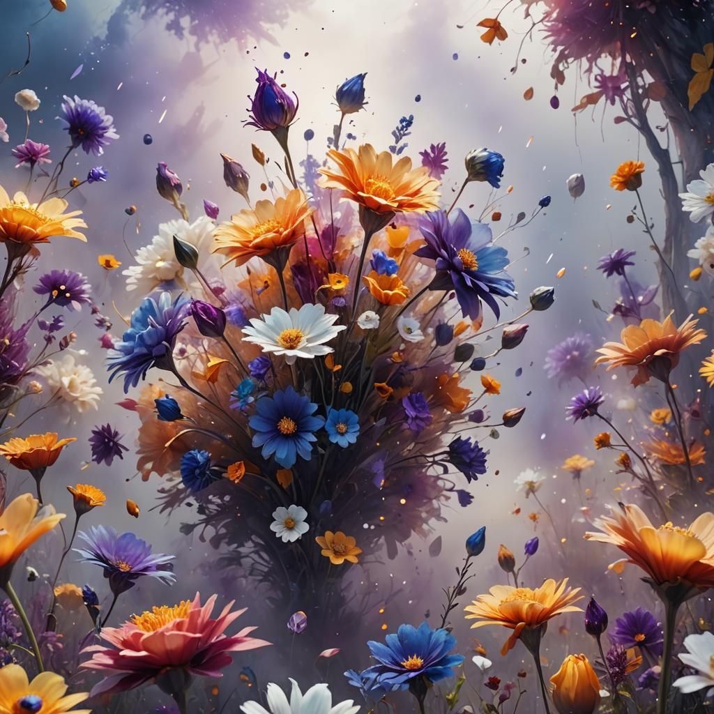 Surreal Blooming Flower Explosion in Fantasy Scenery