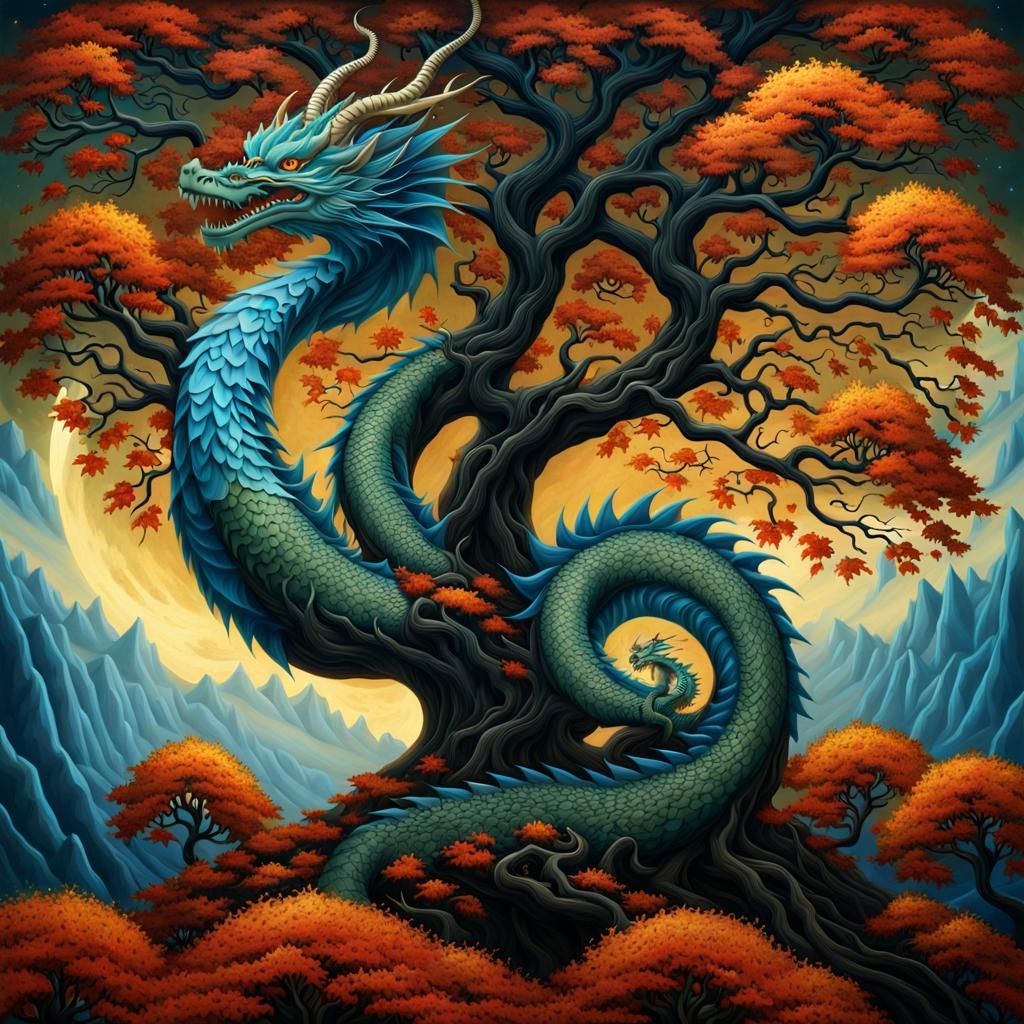 Celestial Red Dragon in Fractal Tree, Surrealist Painting