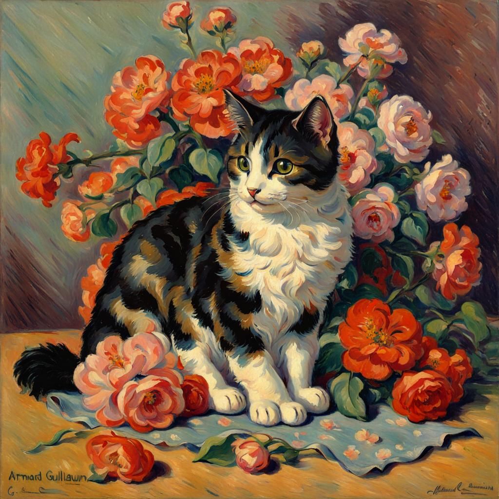 Cute Cat with Flowers in Impressionist Style
