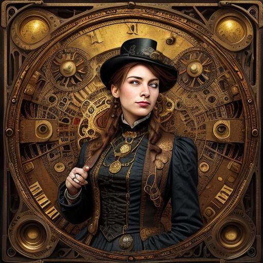 Steampunk Woman Amidst Intricate Engine