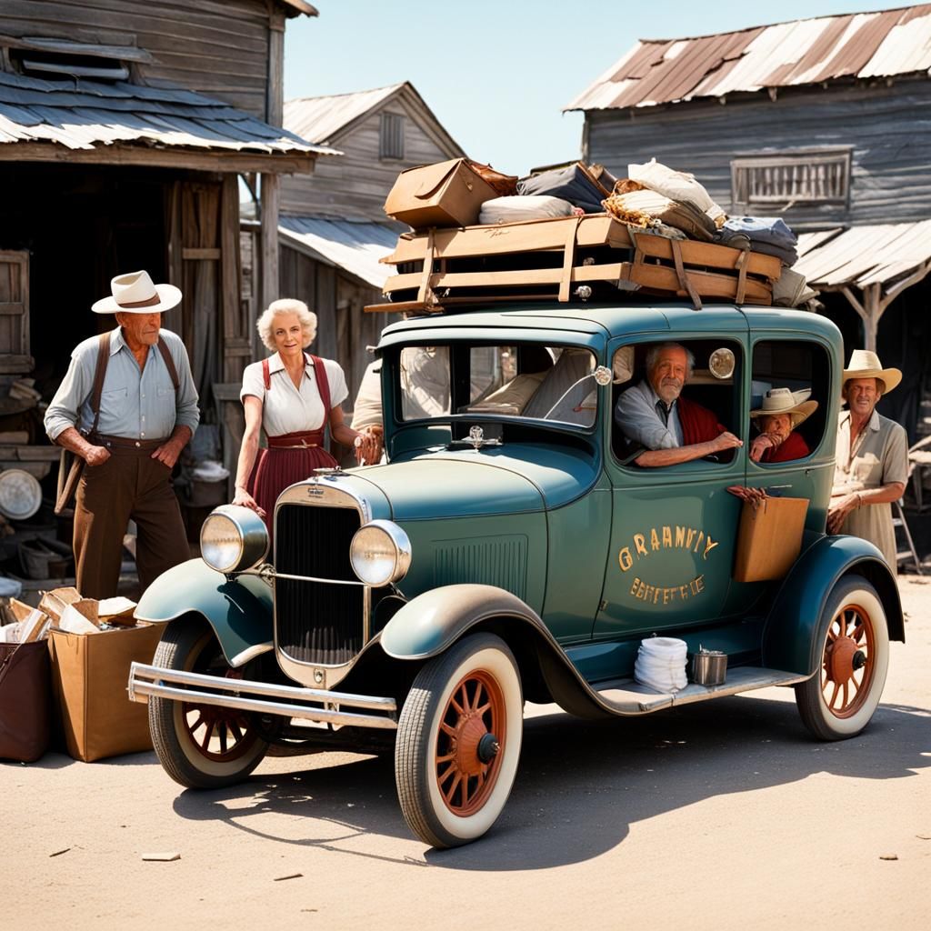 Family Packed in Old Car with Belongings