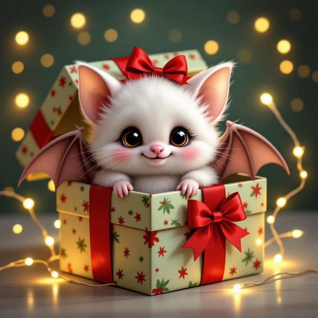 Fluffy Bat Wrapped as Christmas Gift in Fairy Light Glow