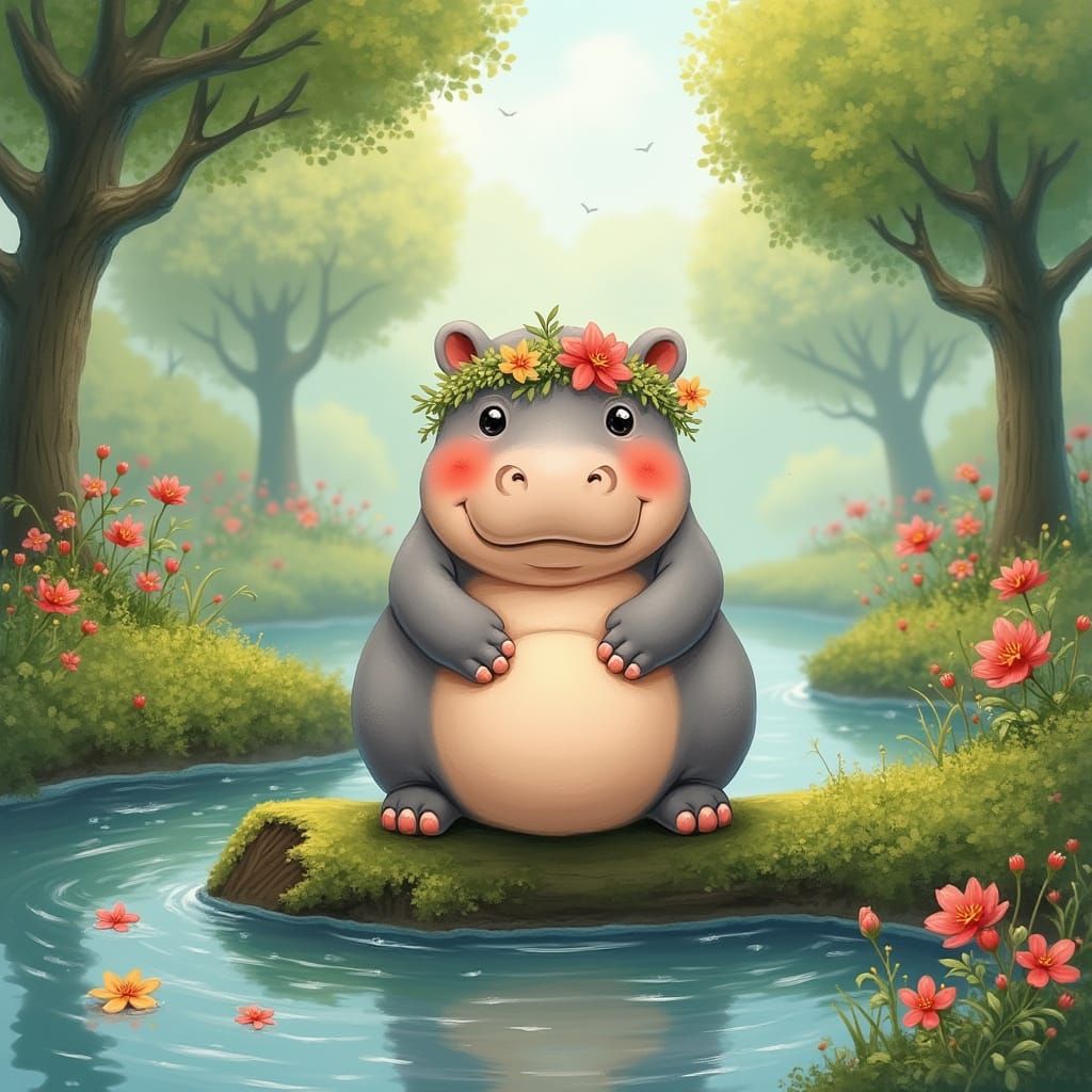 Fluffy Hippopotamus in Dreamy Landscape