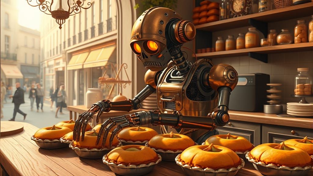 Steampunk Robot Baker Crafting Pies in Parisian Bakery