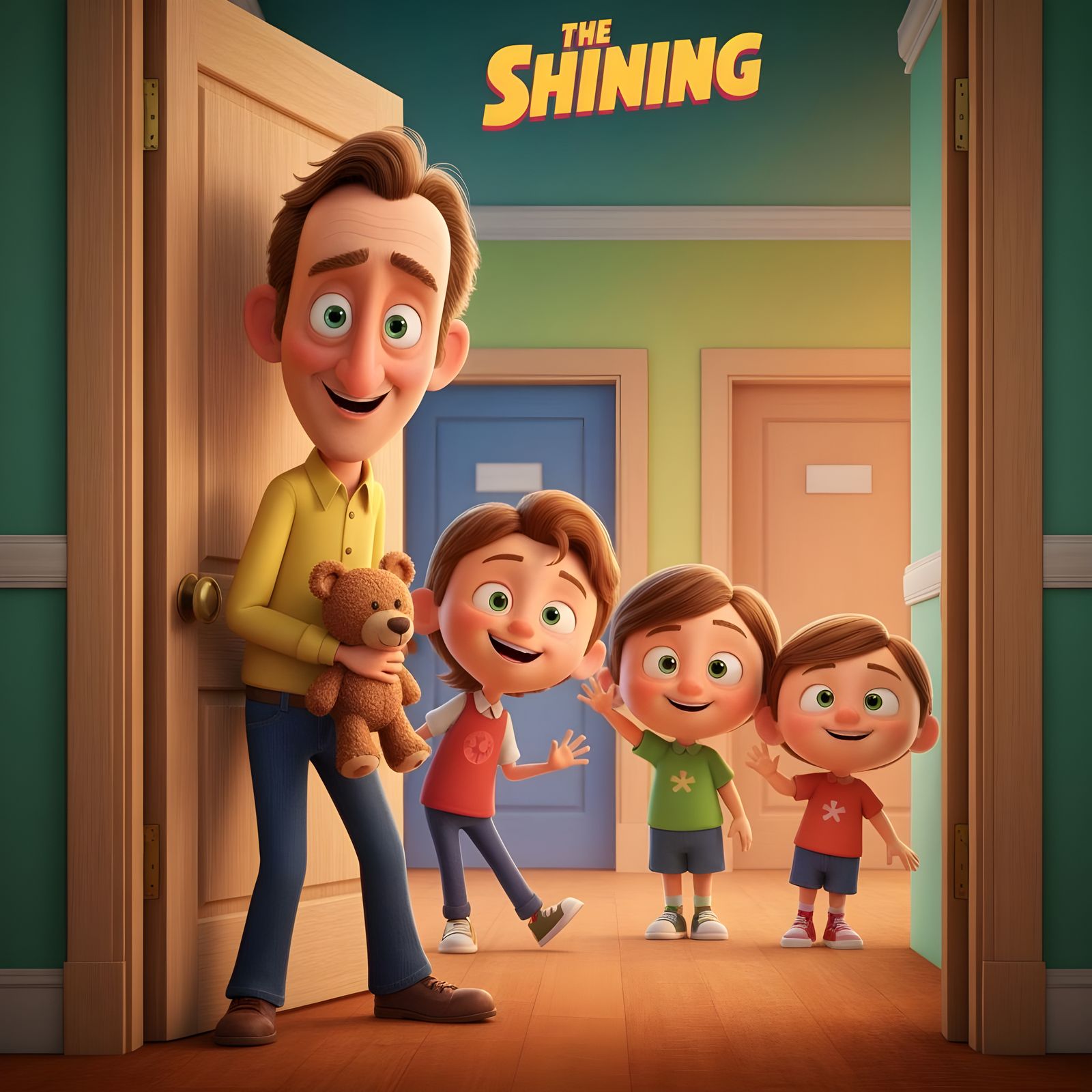 Pixar-Style Shining Movie Poster: Goofy Jack & Smiling Twins