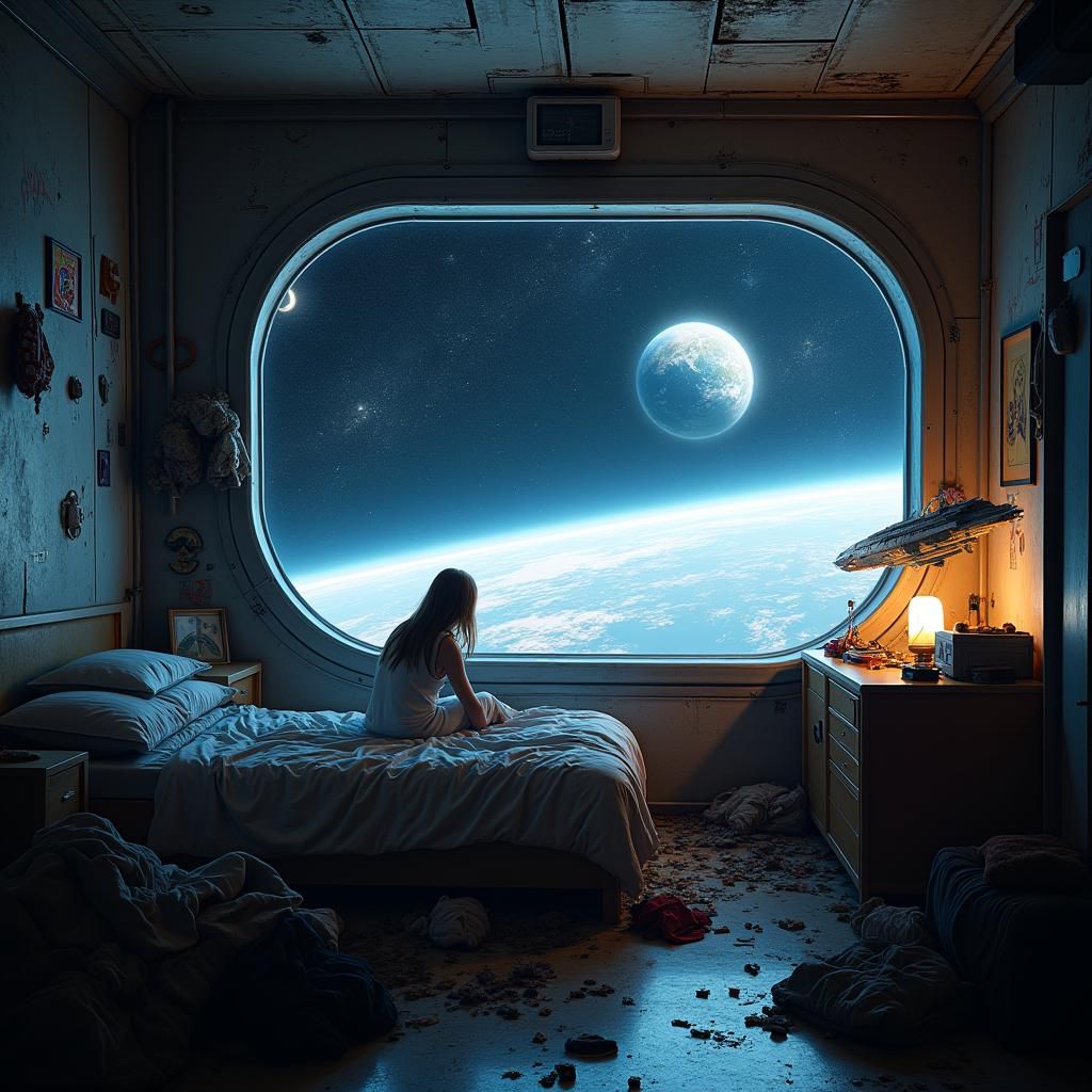 Space Station Teenager's Bedroom with Galaxy View