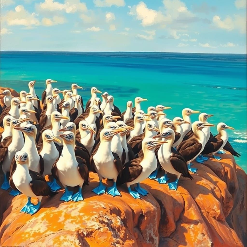 Vibrant Blue Footed Boobie Colony in Tropical Impressionist ...