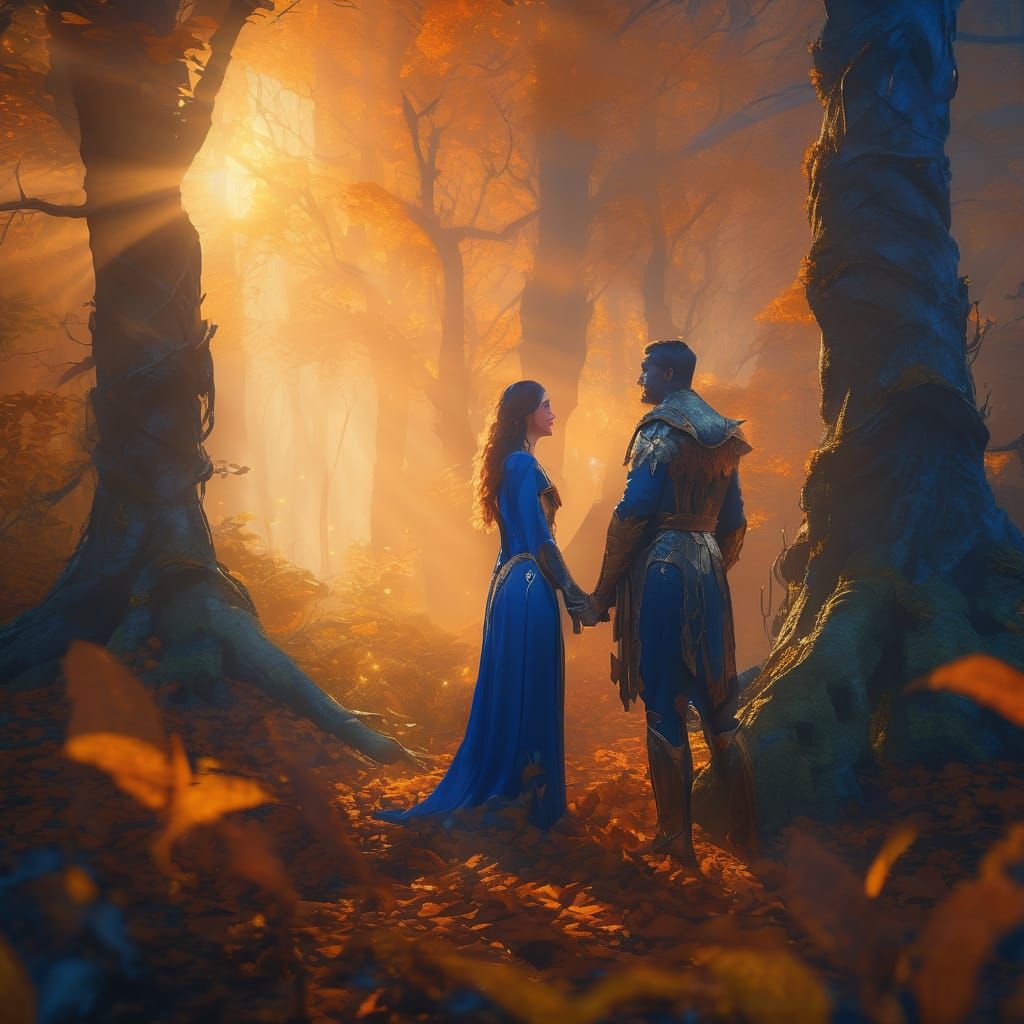 Couple in Mystical Forest, Vibrant Oil Painting