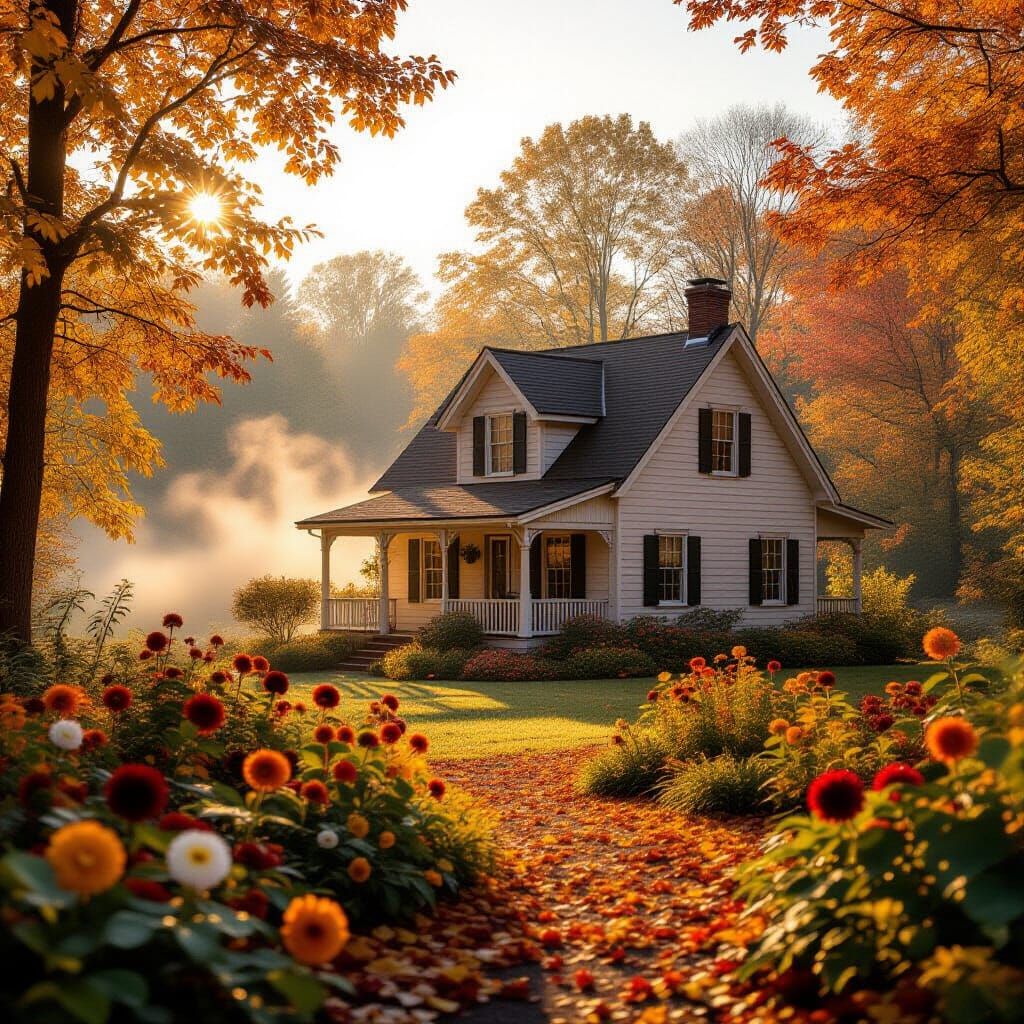 Cozy Autumn House Bathed in Golden Hour Light