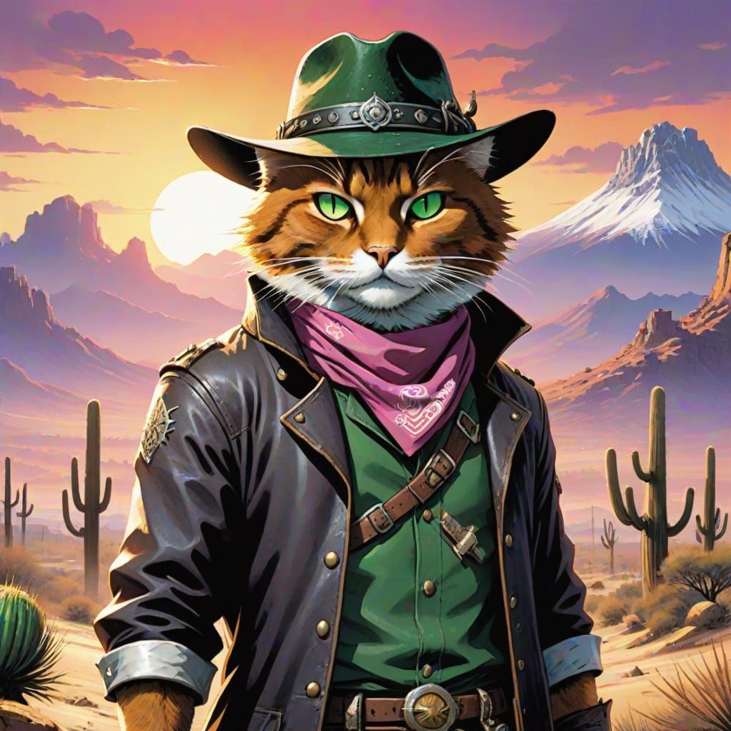 Cyberpunk Cat Rides into the Sunset