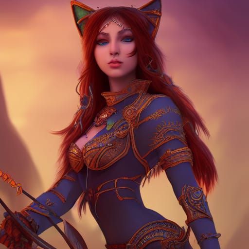 Fantasy Cat-Girl Archer in Detailed Matte Painting Style