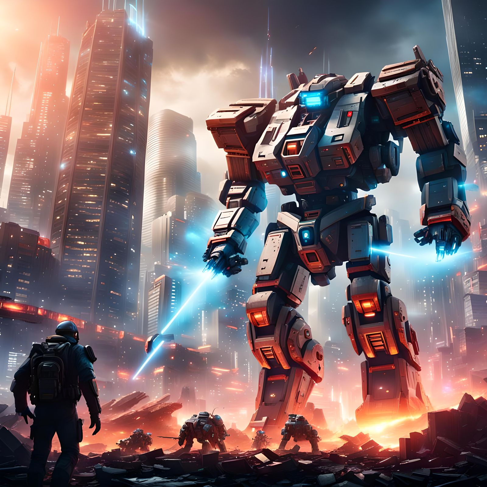 Giant Mechs Battle in Neon Futuristic City