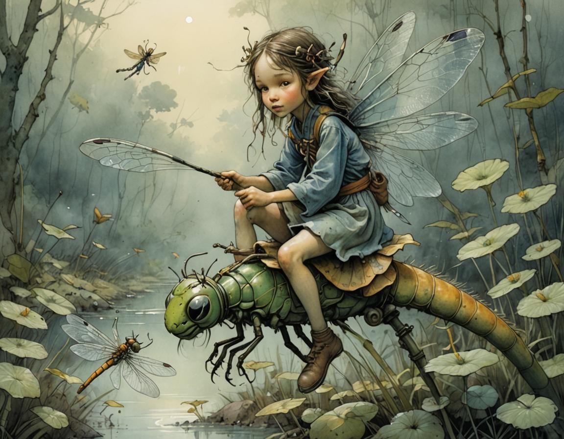 Fairy Riding Dragonfly in Pencil and Watercolor