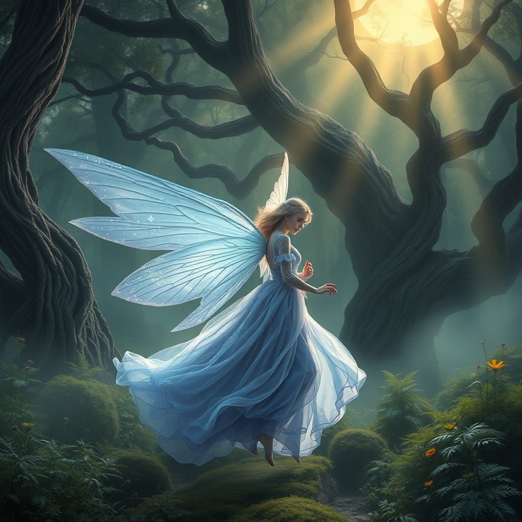 Ethereal Fairy in Moonlit Forest, Digital Matte Painting