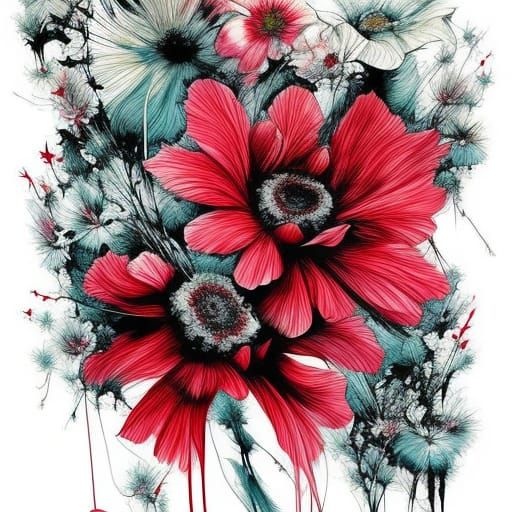 Stylized Japanese Flowers in Cartoonish Inkblot Style