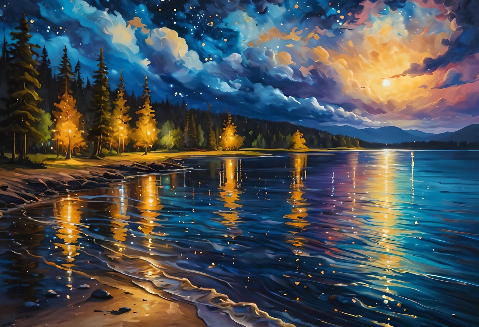 Starry Night Lake in Watercolor and Ink