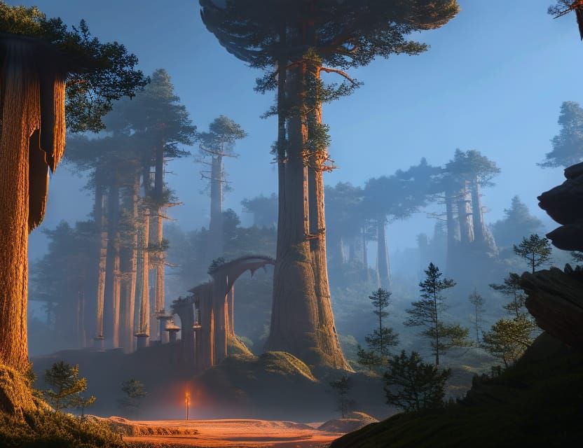 Fractal Pinewood Forest Sunset: Fantasy Concept Art