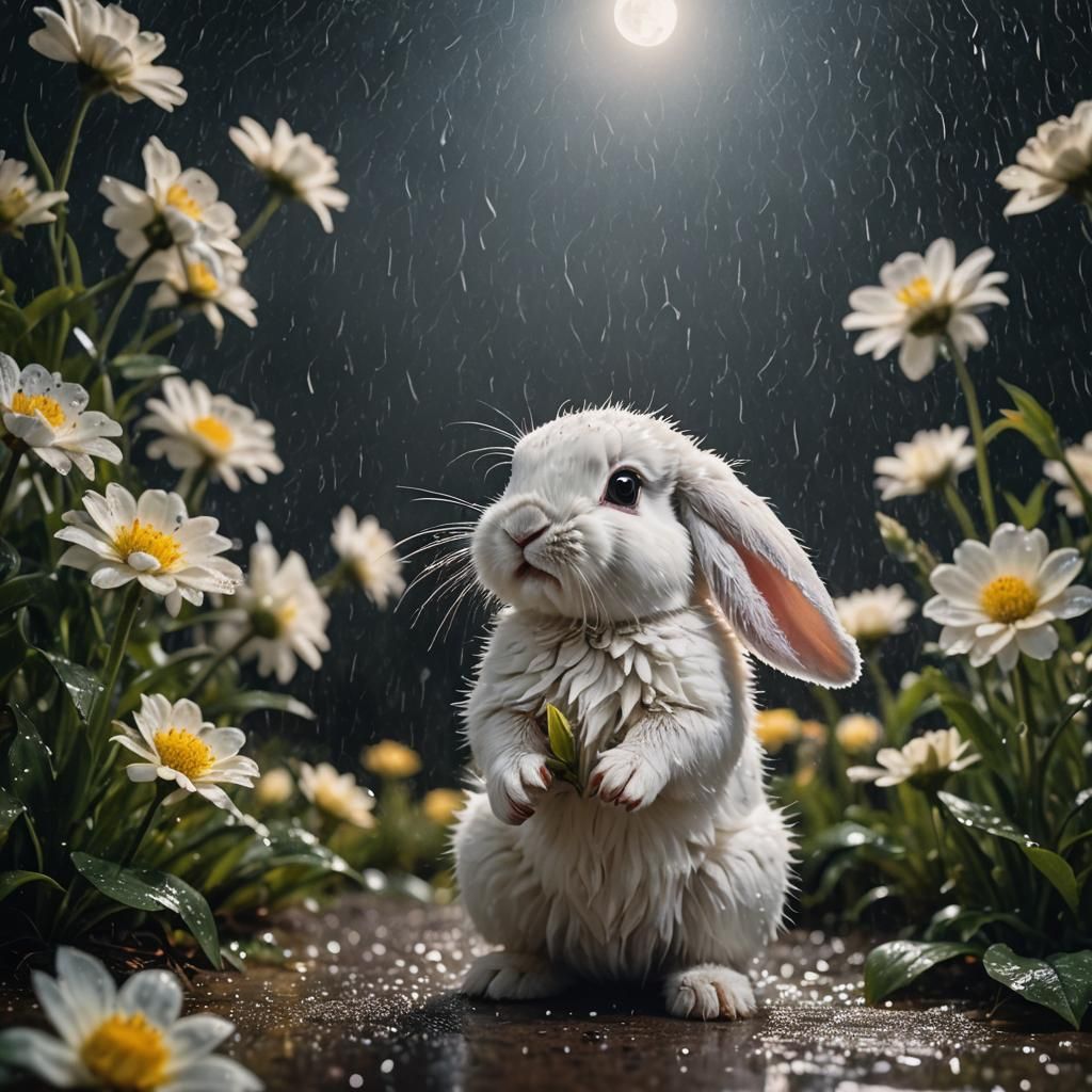 White Baby Bunny Illuminated by Moonlight in the Rain
