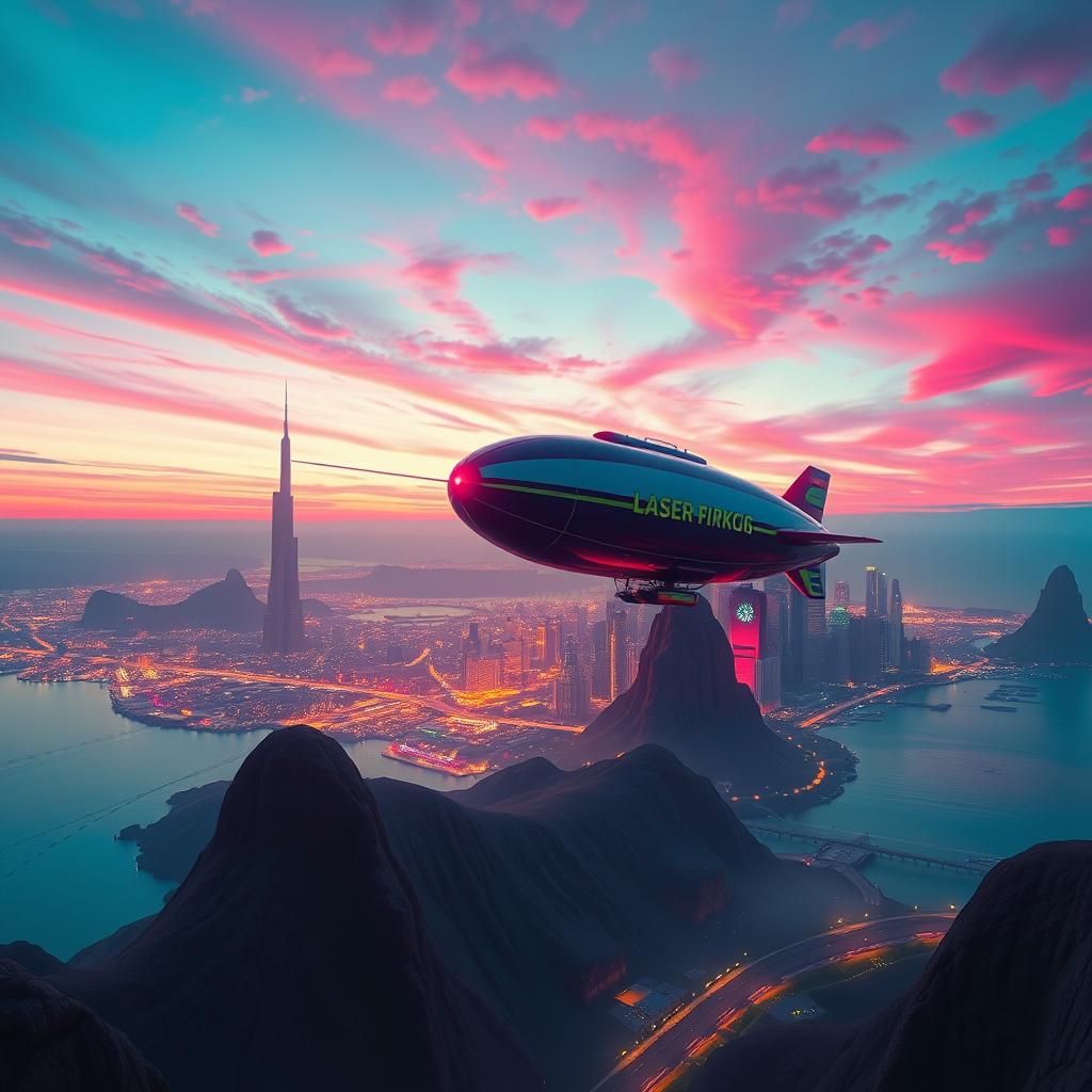 Futuristic Airship Over City at Dusk: Matte Painting