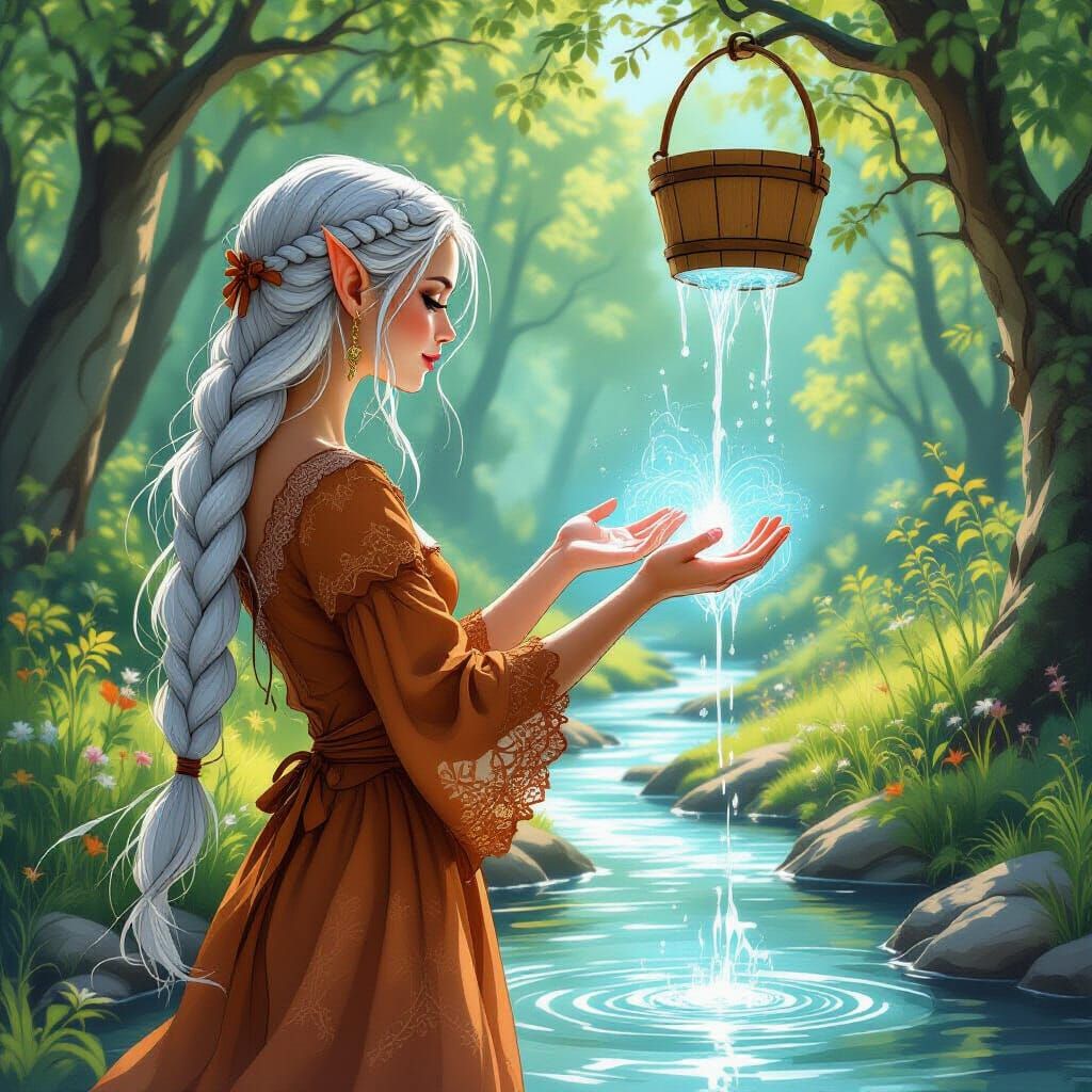 Elf Magically Collects Water in Forest Clearing