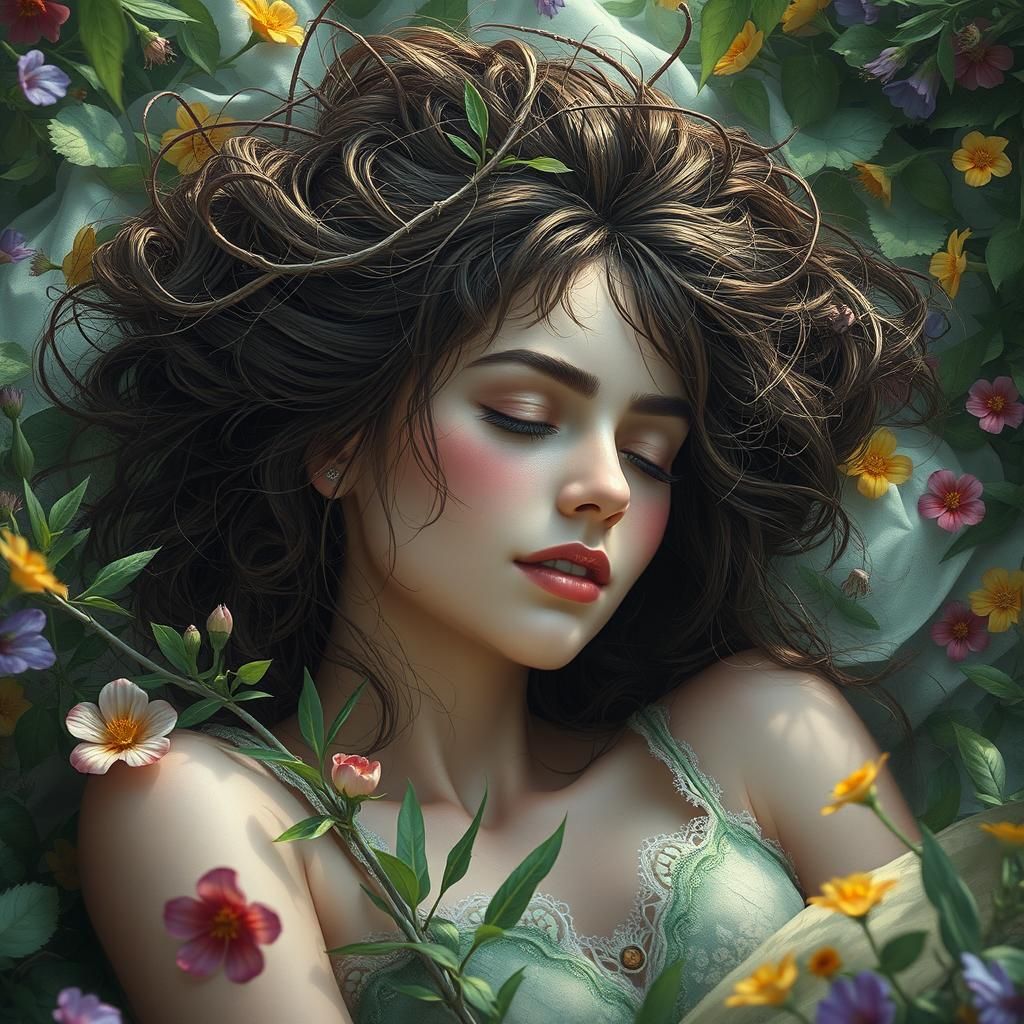 Dreamy Woman with Bedhead in Fantasy Garden
