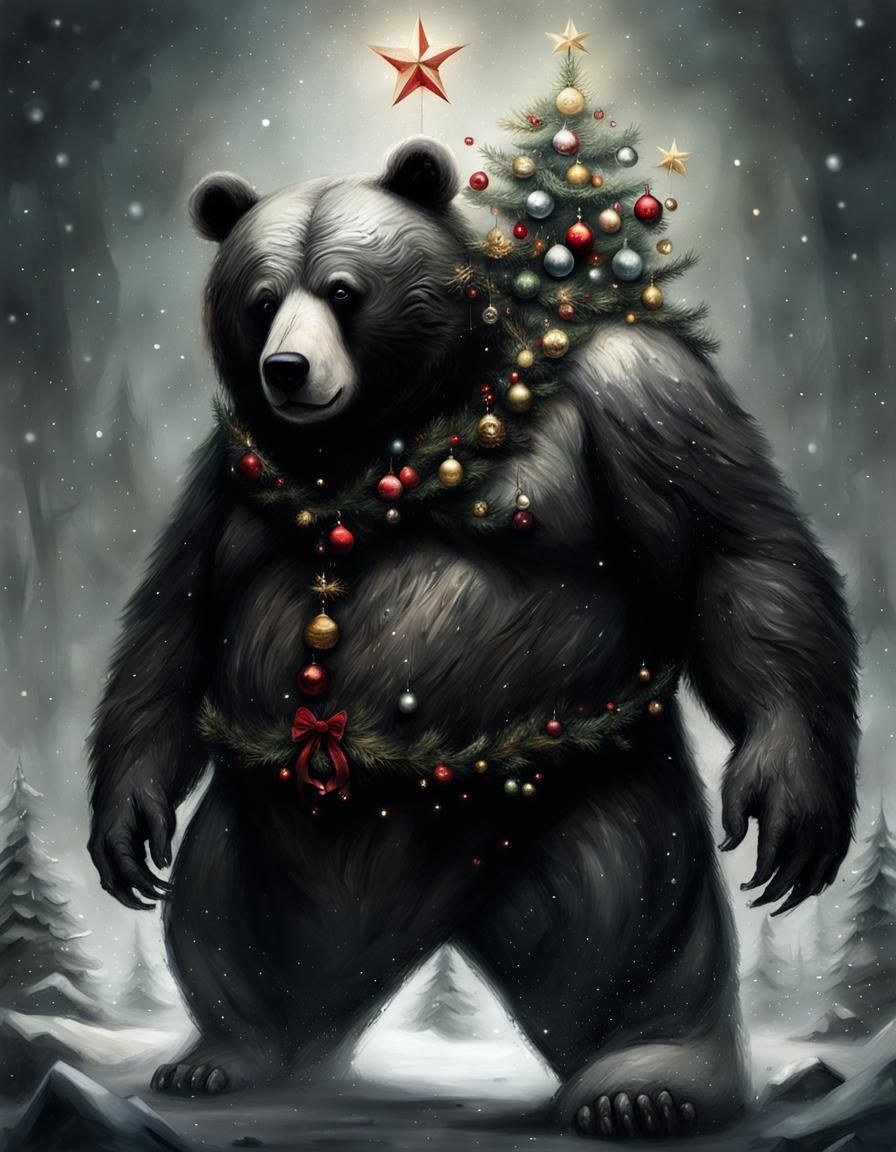 Cyborg Bear Santa Christmas Tree in Volcanic Landscape
