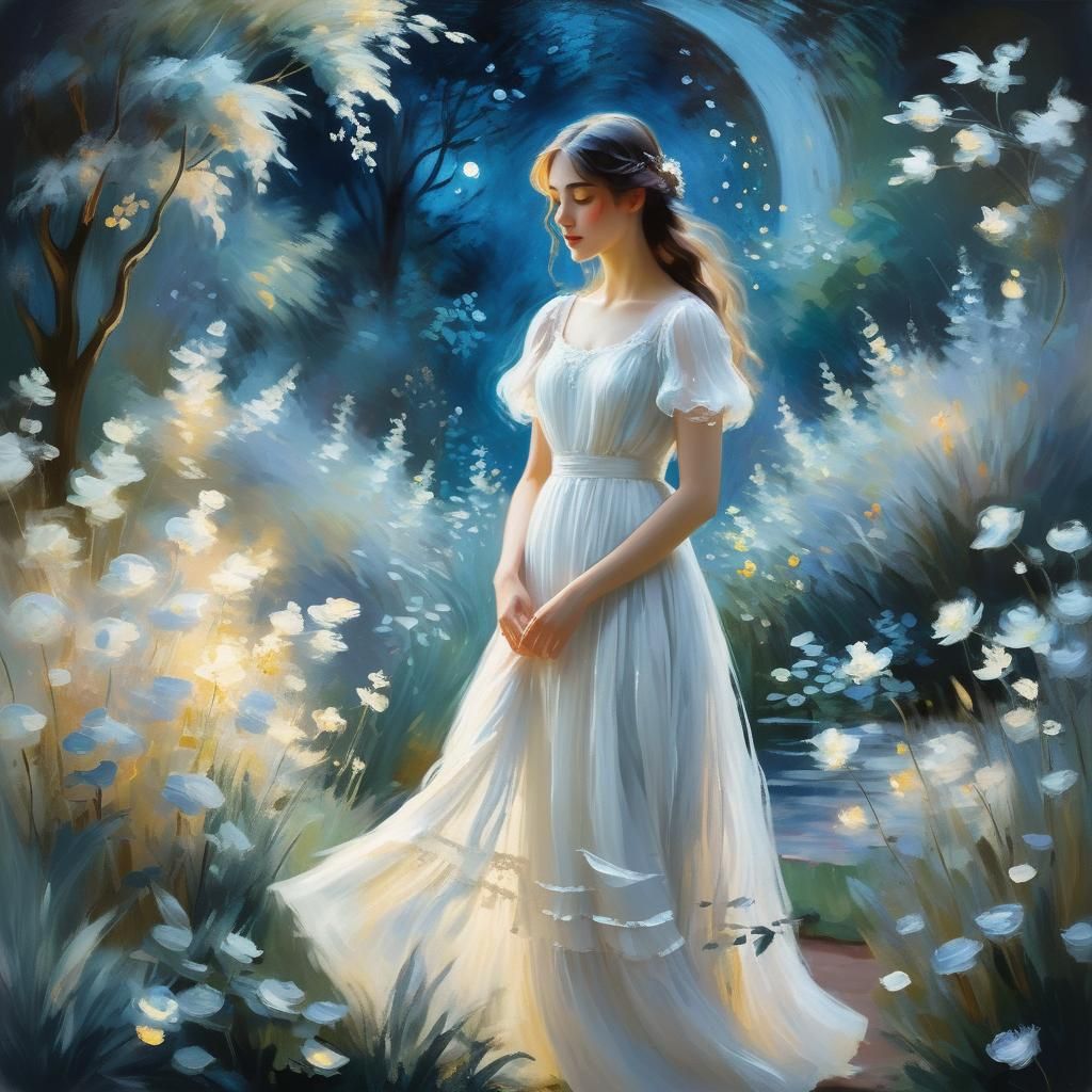 Impressionist Garden Scene with Girl in White Dress