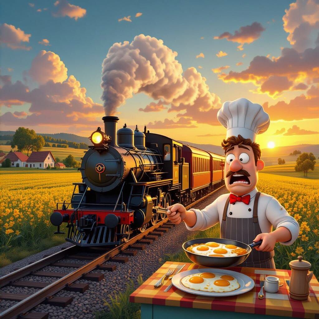 Russet Train at Sunset with Cartoon Chef in Graphic Style