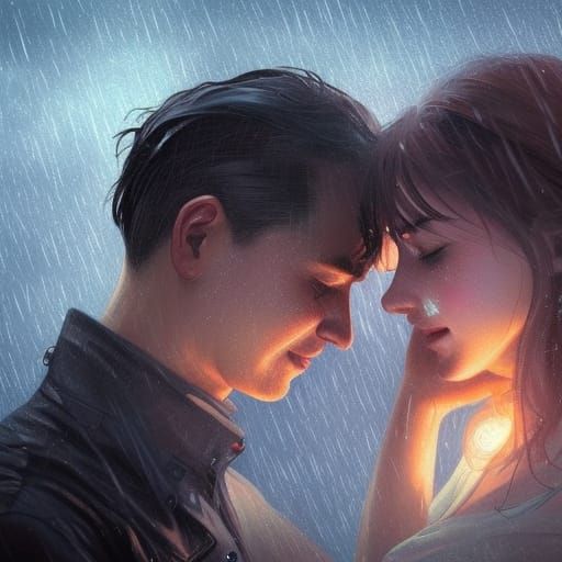 Romantic Couple in Rain, Hyperdetailed Digital Art
