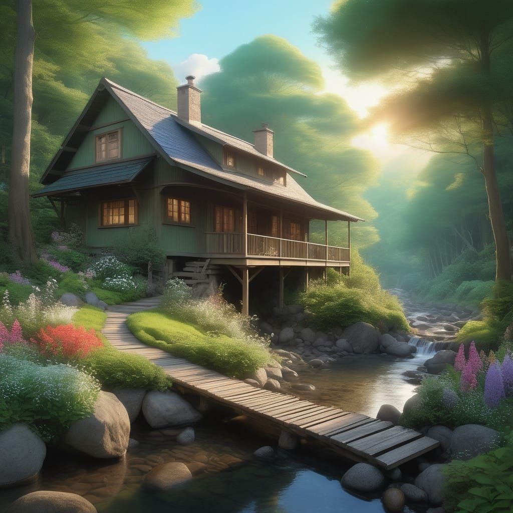 Serene Wooden House Basks in Golden Forest Light