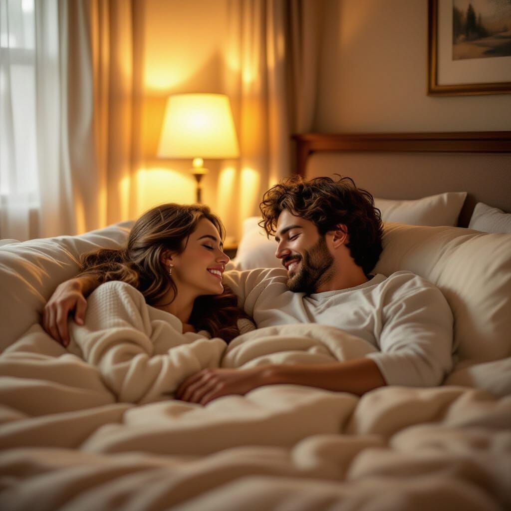 Romantic Couple in Bed with Warm Lamplight