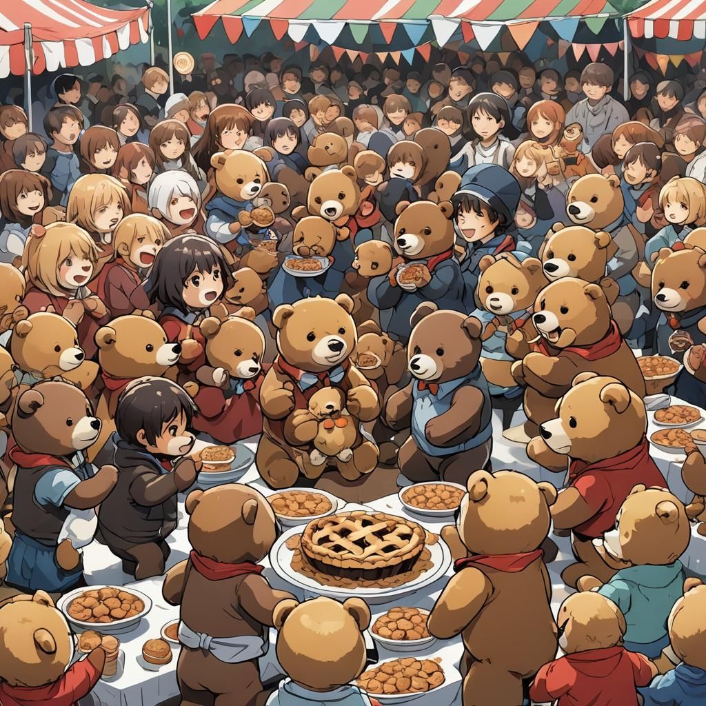 Teddy Bears Compete in Pie Eating Contest, Anime Style
